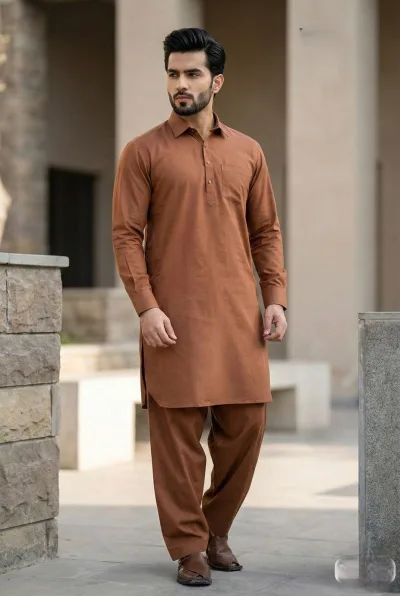Men's Full Sleeve Pathani Kurta with Salwar – Wine Maroon
